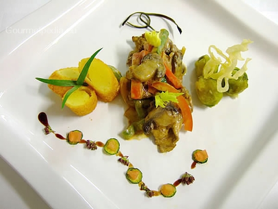 Fillet of horse Stroganov with potato croquettes and Brussels sprouts