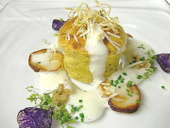 Yellow boletus mushroom soufflé with garlic sauce